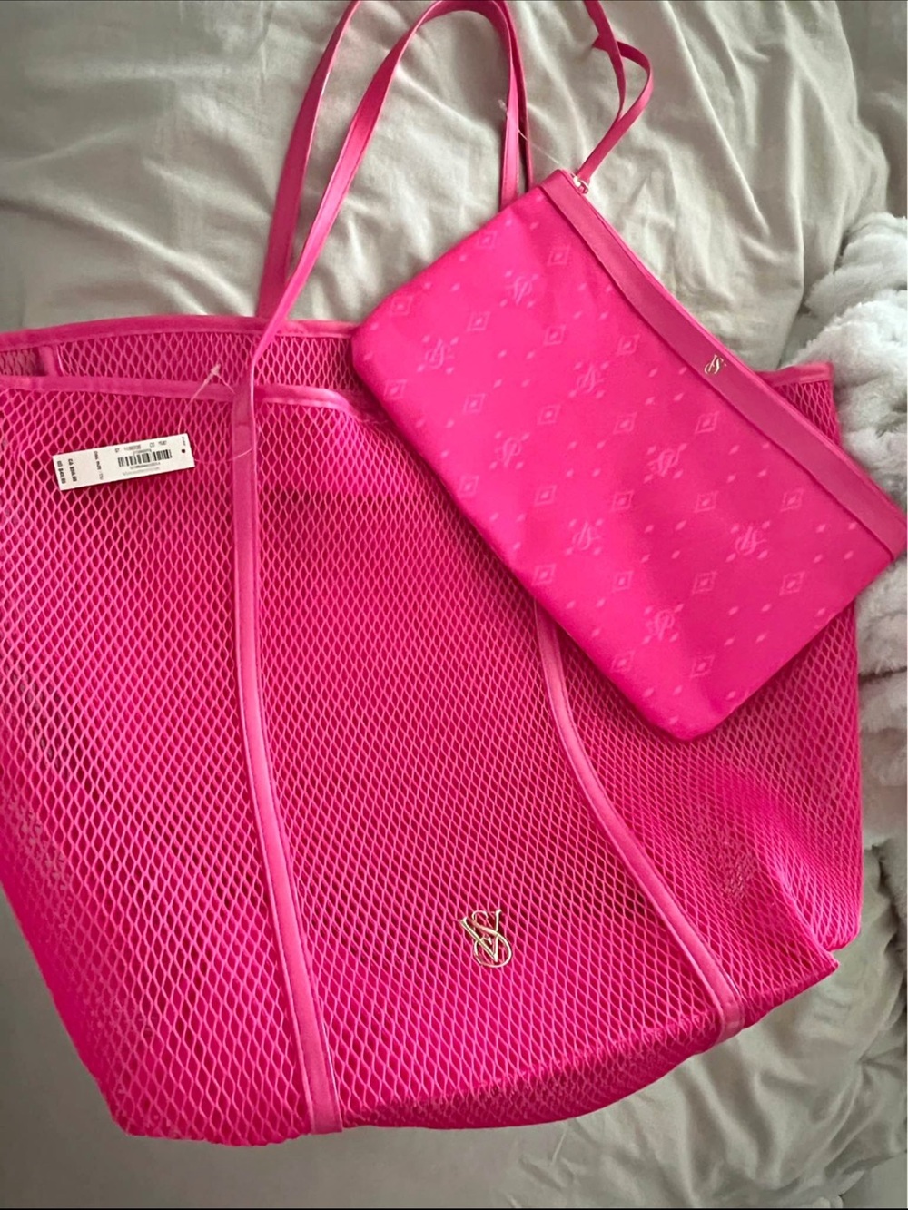 Victoria's Secret Hot Pink Mesh Tote with Matching Pouch
